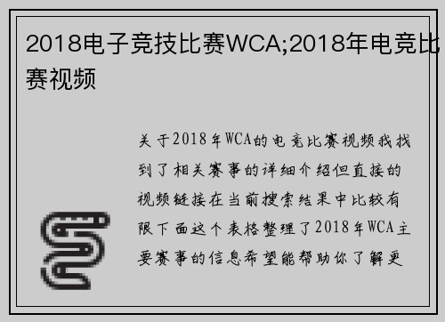 2018电子竞技比赛WCA;2018年电竞比赛视频